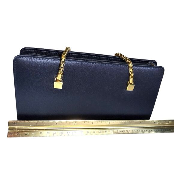 La Regale Evening Mini Cocktail Bag Navy Blue Satin Gold Tone Mesh Chain Handles - Picture 7 of 11